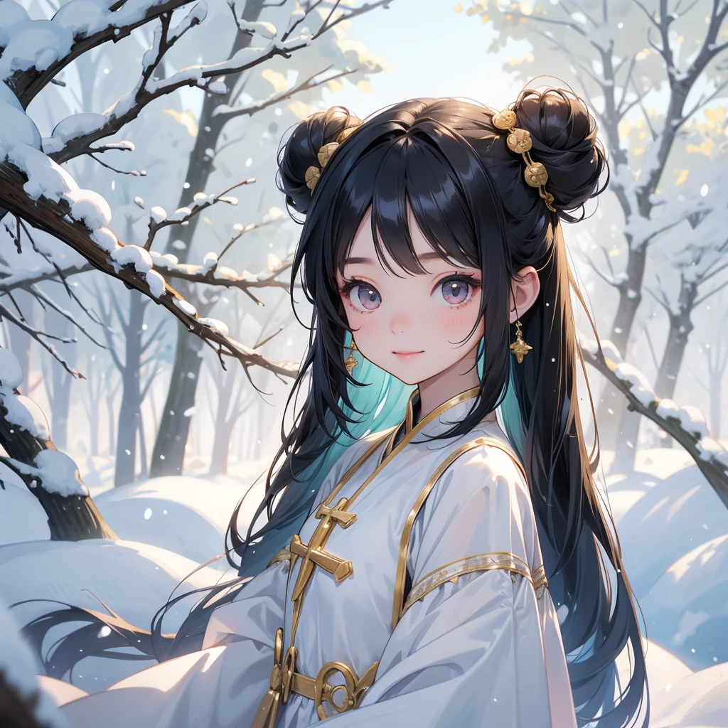 A chibi child girl had a small face and wearing a gold little tourist priest’s outfit, a pair of big round eyes shone with curiosity about him. This child was so cute, her hair is black with buns on her hair. Small chibi , chibi baby, smiling , chibi.
Walking in a forest covered in white snowstorms. A very strong blizzard The trees were completely covered with white snow.