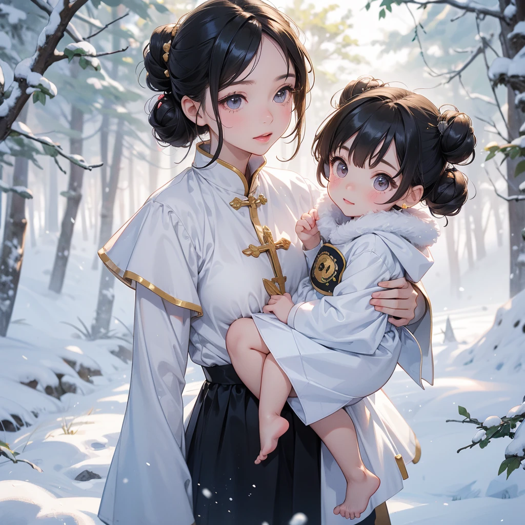 A chibi child girl had a small face and wearing a gold little tourist priest’s outfit, a pair of big round eyes shone with curiosity about him. This child was so cute, her hair is black with buns on her hair. Small chibi , chibi baby, smiling , chibi.
Walking in a forest covered in white snowstorms. A very strong blizzard The trees were completely covered with white snow.