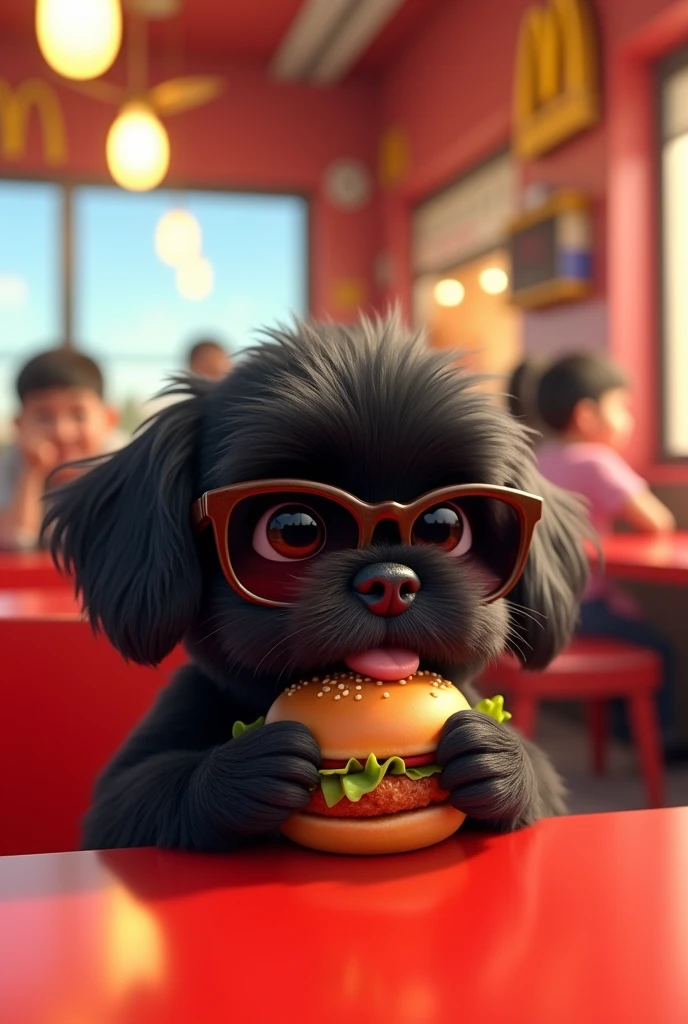 A black shih tzu puppy eating at McDonald's wearing sunglasses 3D Pixar style