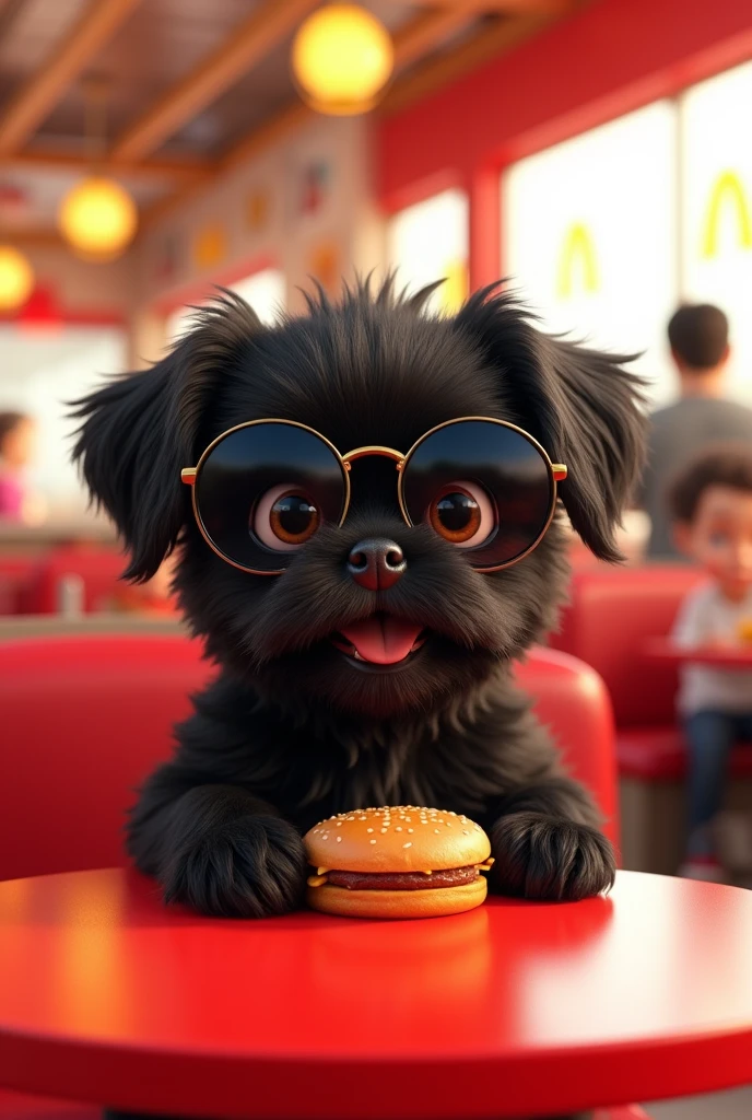 A black shih tzu puppy eating at McDonald's wearing sunglasses 3D Pixar style