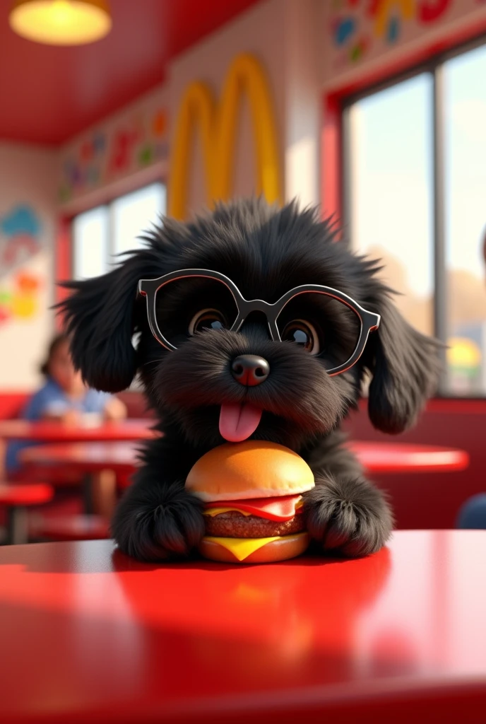 A black shih tzu puppy eating at McDonald's wearing sunglasses 3D Pixar style