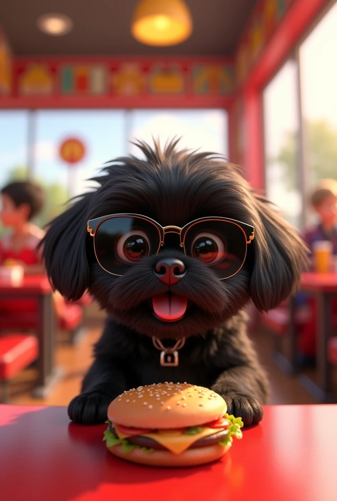 A black shih tzu puppy eating at McDonald's wearing sunglasses 3D Pixar style