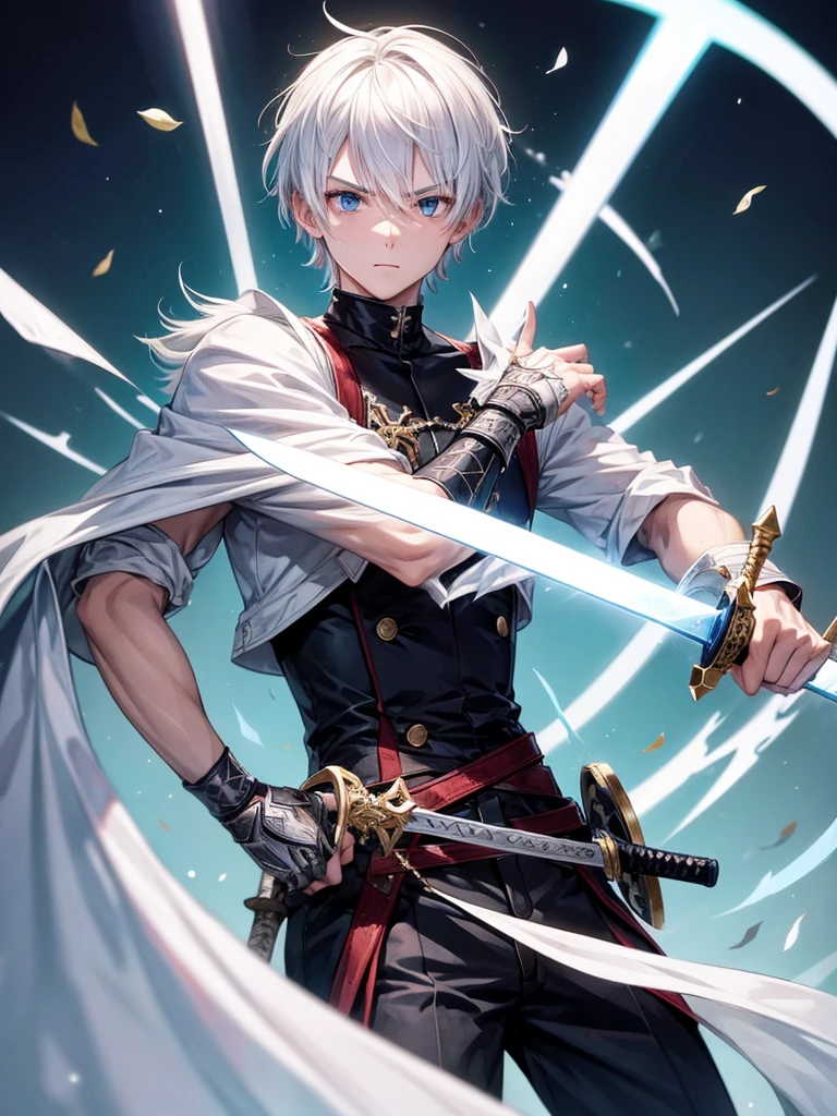 Boy with white hair use sword