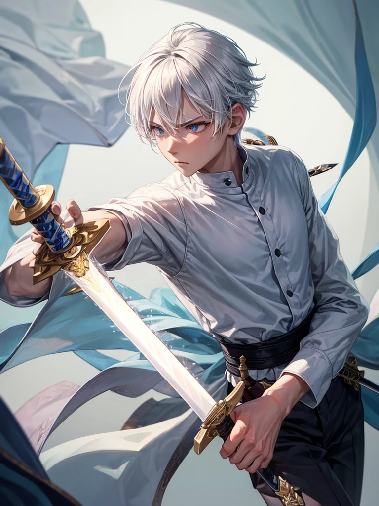 Boy with white hair use sword