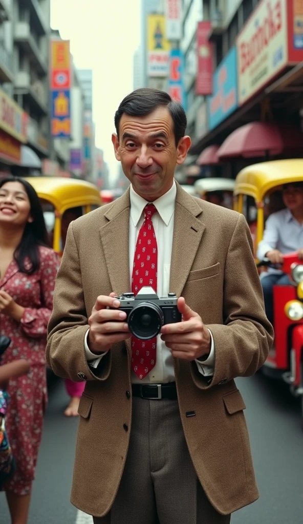 Mr. Bean, with his classic brown tweed jacket and red tie, stands awkwardly beside a group of friendly Thai locals in a bustling street of Bangkok. The backdrop features iconic Bangkok scenery like colorful tuk-tuks, street food stalls, and busy traffic. Mr. Bean strikes a funny, exaggerated pose, holding a camera with a confused look on his face, while the Thai people around him smile warmly. The scene is lighthearted and comedic, capturing the vibrant energy of the city and Mr. Bean's quirky, humorous presence. The setting evokes the playful, slapstick style of a 2007 comedy film, with bright, vivid colors and an atmosphere full of laughter and fun.