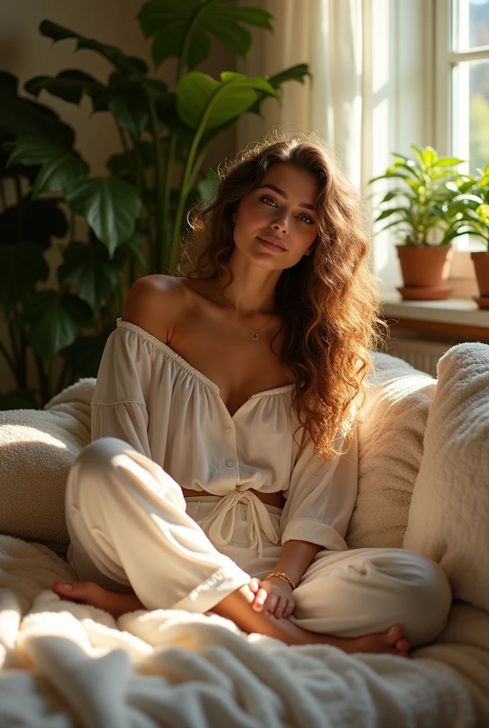 (photorealism:1.2), beautiful woman, sitting on bed, wearing loose off-shoulder top, pajama pants, long curly hair, indoors, soft lighting, plants in background, window with sunlight, cozy room, relaxed pose, realistic, intricate details, warm colors, by Greg Rutkowski, by Alphonse Mucha