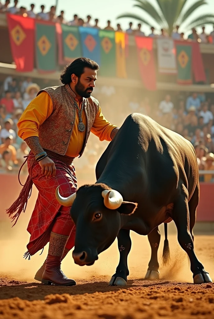 Create an image where the Indian actor Mr. Kamal Haasan is taming a spanish bull. 