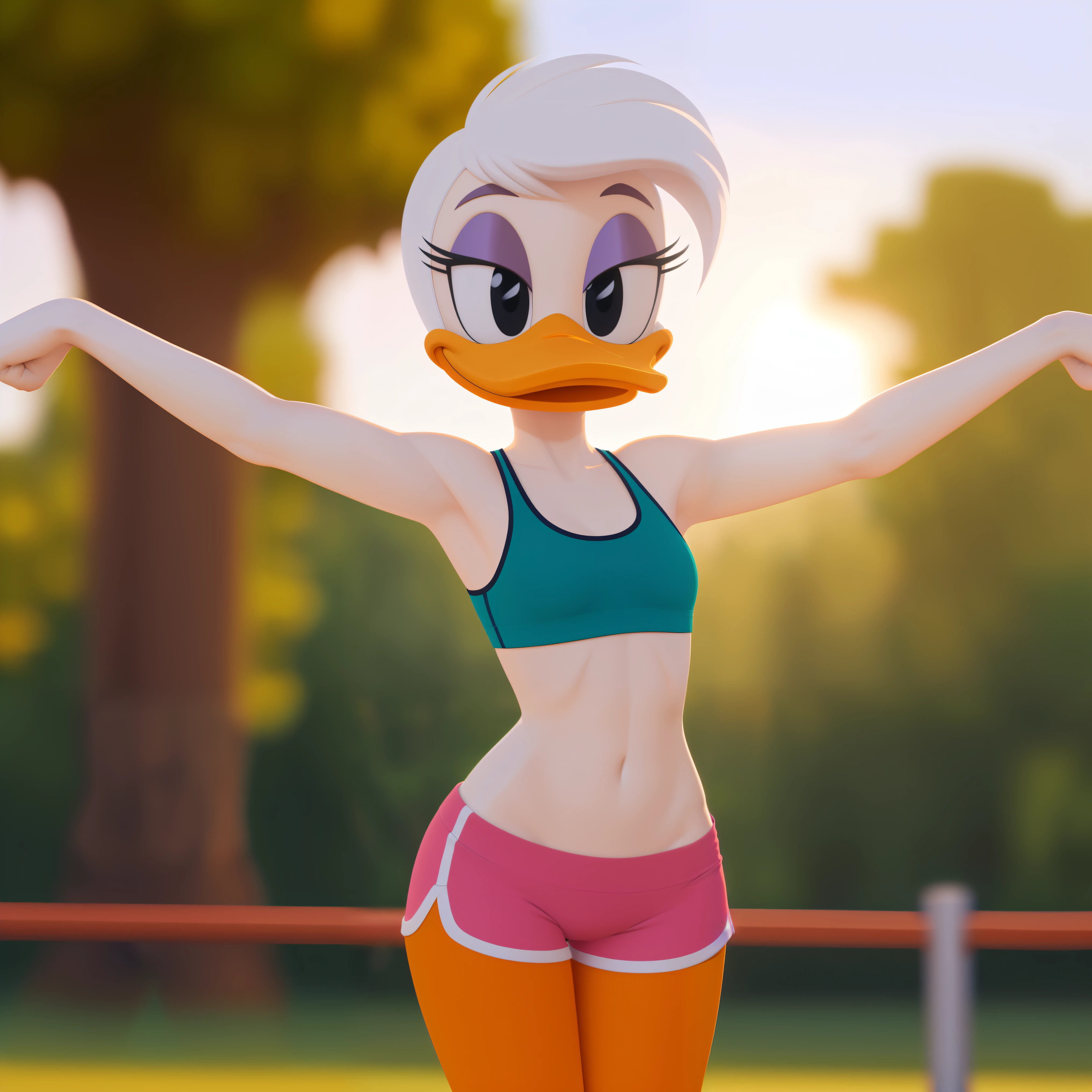 photorealism, female daisy duck, detailed background, outside, eyeshadow, white hair, hairstyle, (orange legs: 1.4), (skinny torso: 1.3), (flat chested), happy

wear sports bra, pink shorts, stretching her arms

simple black eyes, detailed, intricate,

8k hd, highest quality, (detailed white skin:1.3), (looking at the viewer), (soft cinematic light:1.1) ,