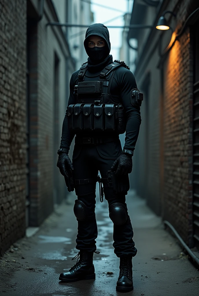 Soldier with tactical mask, black clothing, including accessories, referencing SAS equipment