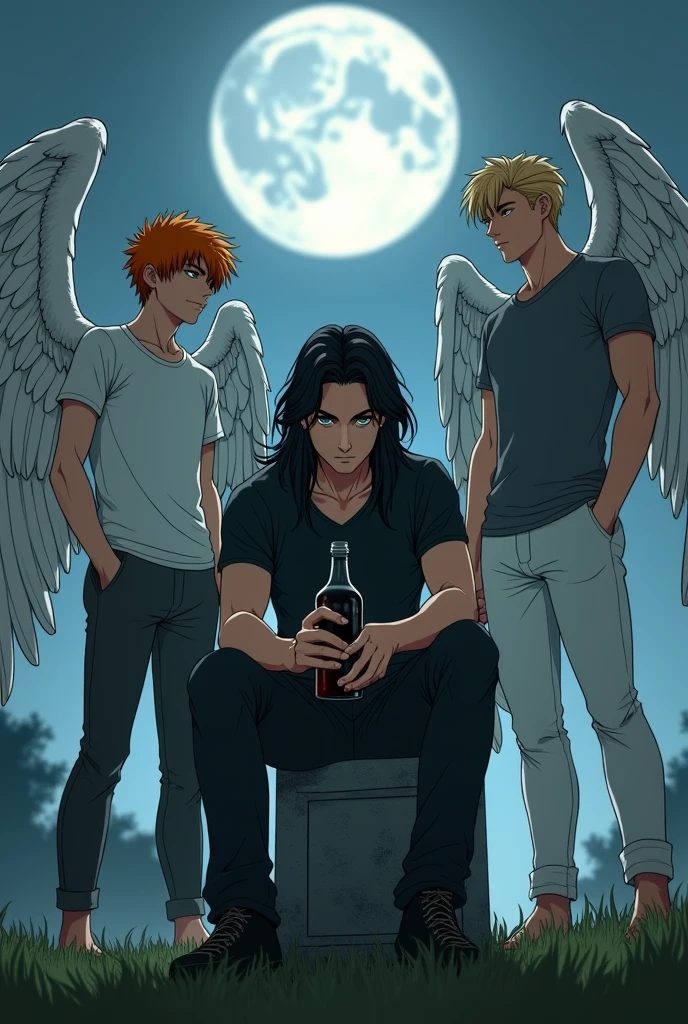 In the middle is a guy with long black hair, gray eyes, Beautiful face, Beautiful skinny body, black T-shirt, black trousers, sad, sits with a bottle of alcohol in a cemetery in front of a tombstone. On the right, there is a guy, blond, Beautiful, Pumped up body, in a gray shirt and white pants with large angel wings and brown eyes. On the left, there is a guy with orange hair, in a white T-shirt and dark gray pants, Blue eyes, Large angel wings. anime art, masterpiece, realistically, super detail, Hand detailing,
