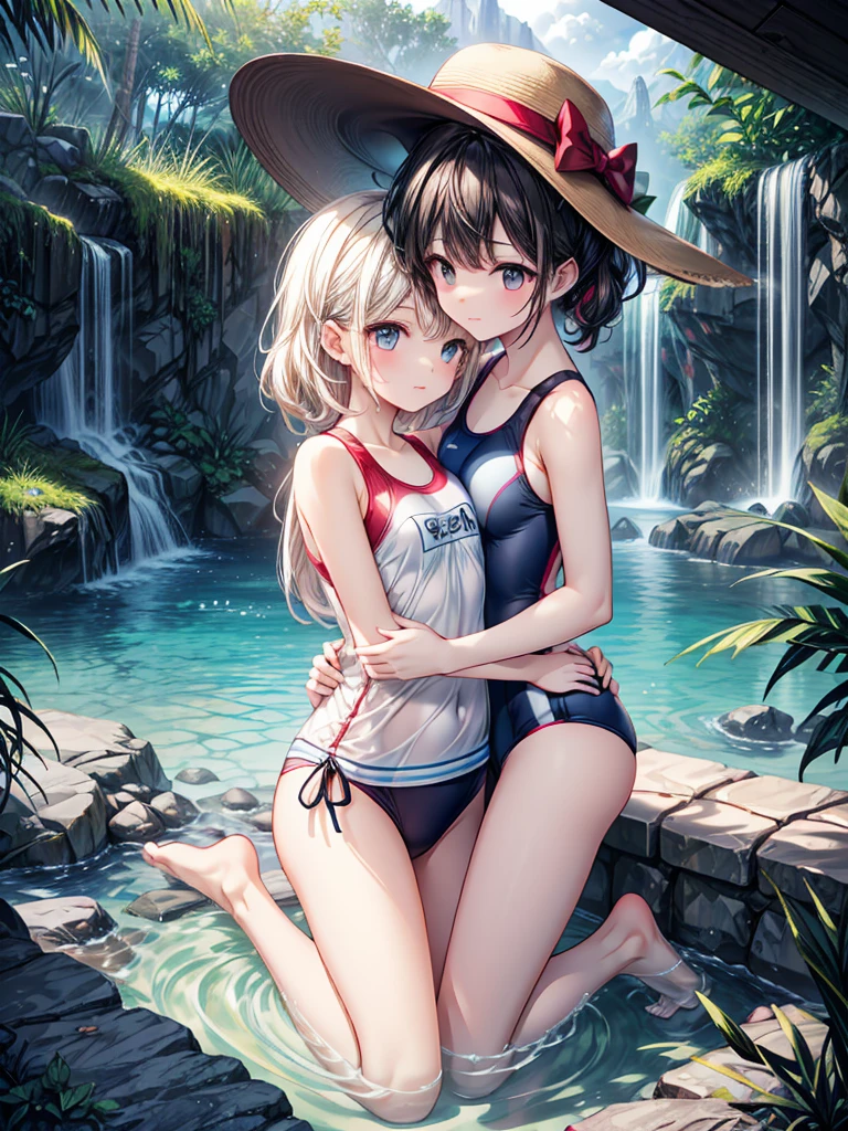 absurdres, highres, ultra detailed, {(solo girl:1.3) | (multiple girl:1.3) | (2girls, yuri:1.3), dynamic angle, creative composition, cute, (Crystal clear blue pools, cascading waterfalls, lush vegetation, swimming spots, hidden grottos, natural beauty,BREAK Swimsuit, water shoes, quick-dry clothes, sunscreen, sunglasses, hat,:1.1), BREAK, (Illustrate a scene using mosaic art techniques, with small, colorful pieces arranged in harmonious patterns and a sense of unity and 