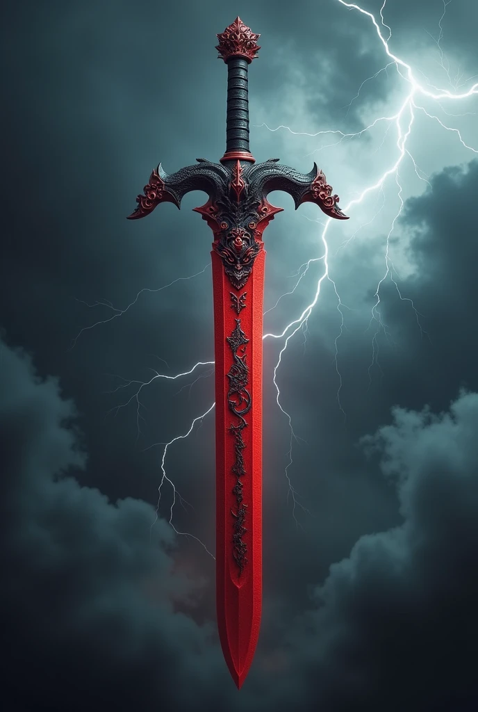 Red and black sword with a dragon symbol