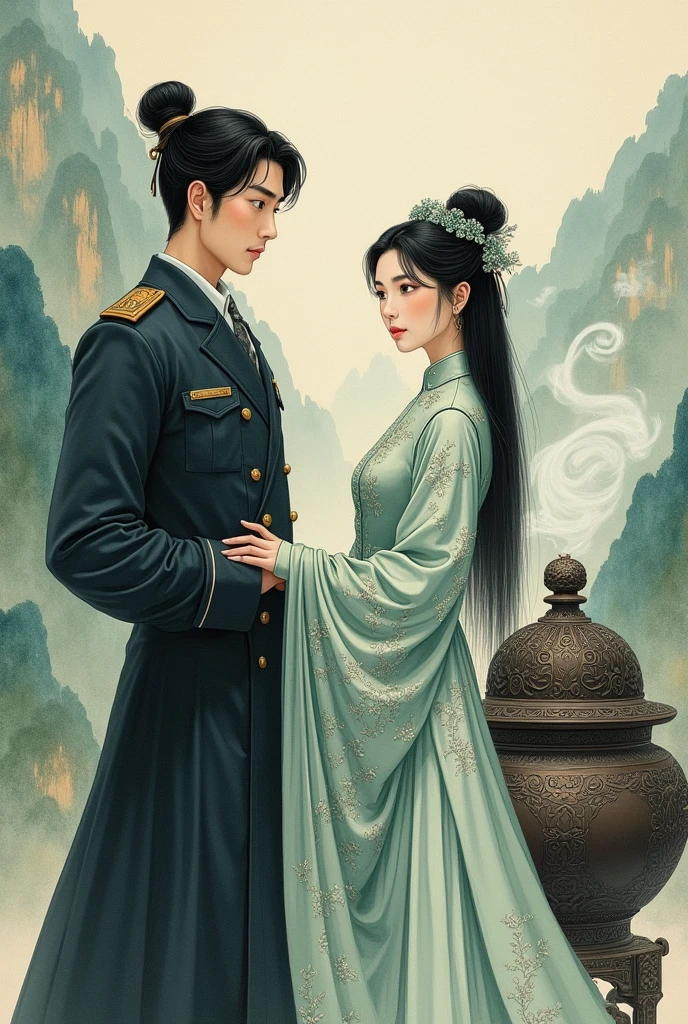 A young Chinese bodyguard stands beside a Chinese woman in a traditional Chinese painting style. There is a large incense burner next to them.