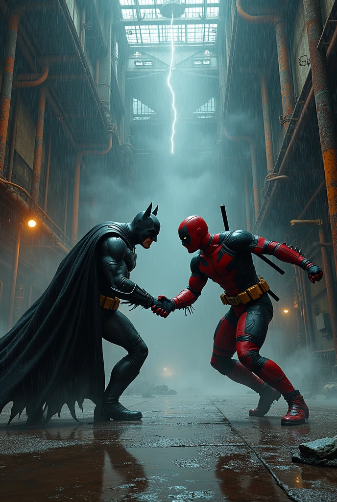 Create a realistic conceptual painting depicting a fierce battle between Batman vs Deathpool. The scene is set in an abandoned factory, with broken machinery and rusted pipes. Smoke billows from the boilers, adding to the eerie atmosphere. The lighting is mysterious and cinematic, with flashes of lightning illuminating the combatants as rain pours down, creating dramatic reflections on the wet, concrete floor. The perspective is from a dynamic, low-angle shot, capturing the intensity and scale of the confrontation. The camera tilt emphasizes the power and motion of the characters as they clash. The factory environment, with its gritty industrial details, serves as a dramatic, chaotic backdrop, while the overall mood is dark, intense, and infused with a sense of epic cinematic storytelling."