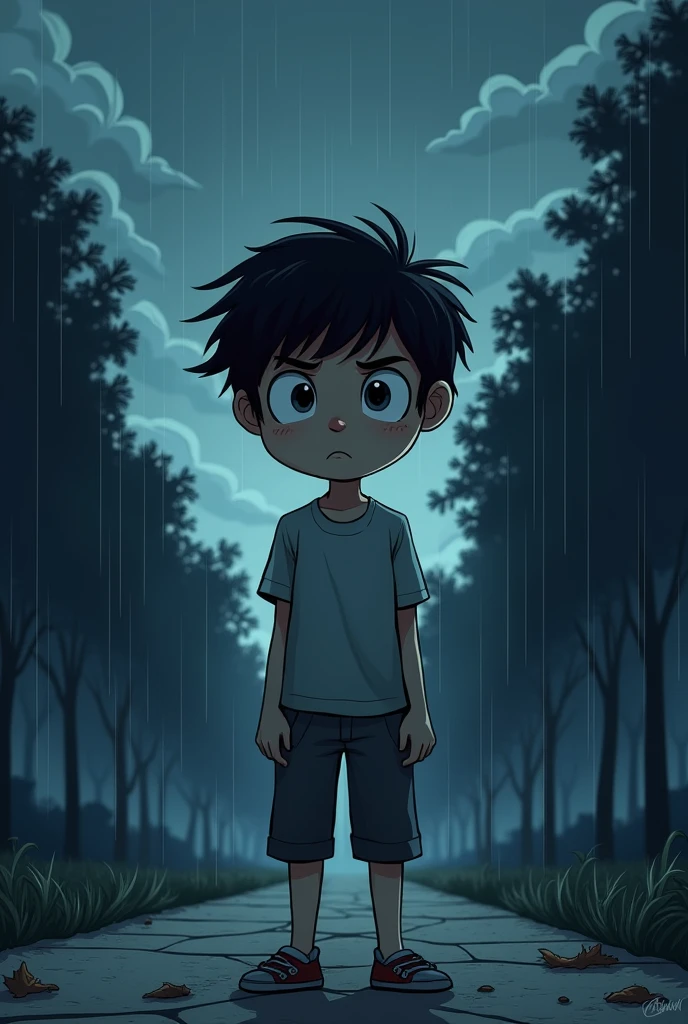Make the intense sadness cartoon in age boy version with dark and sad background 