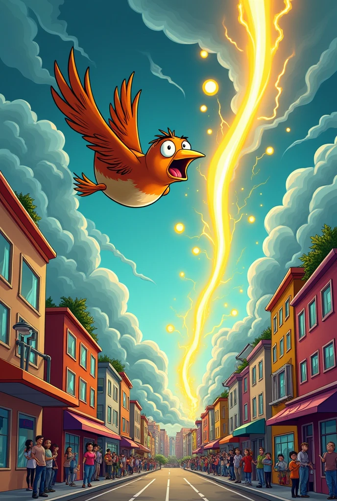 A bird was struck by lightning and fell into the city (Drawn in cartoon style)
