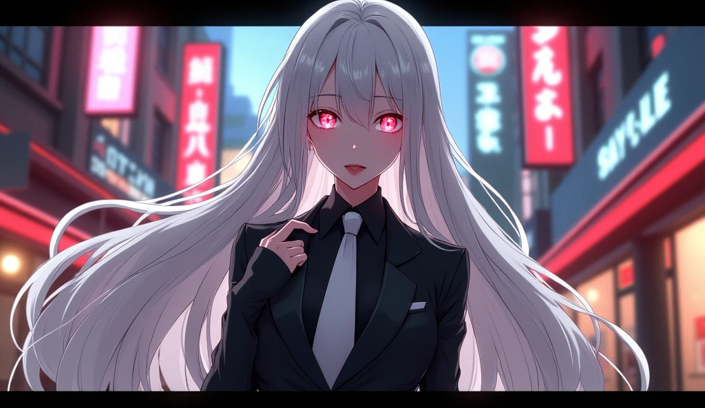 White hair girl anime, Albino eyes, Pale skin, Red lips in a black suit，wearing white tie, Thin face, More or less breasts 