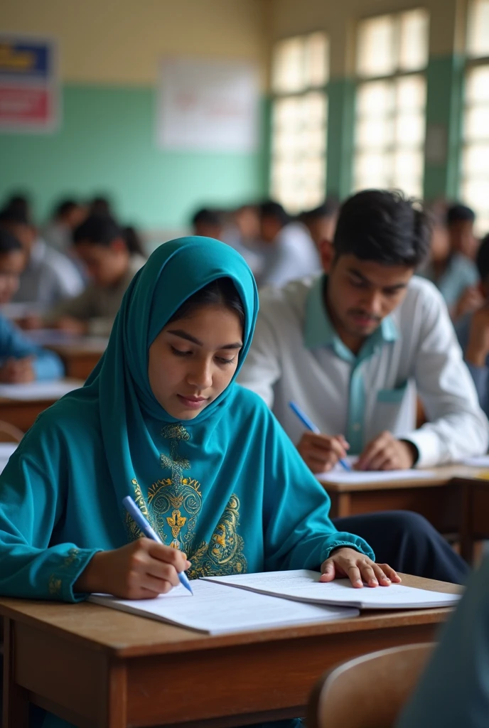 Adult muslim girl "sifa" and boy "Wasim" in exam hall