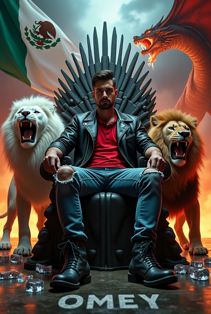 Create a man about 43 years old with ripped jeans , red polo shirt and black leather jacket sitting on the iron throne with black lace-up boots , Next to him there are two lions, one white and one brown, roaring, and two MEXICAN FLAGS, one on the throne and the other near the white lion.,On the left side there is a DRAGON BREATHING FIRE FLYING and on the right side a DRAGON FLYING SHOOTING LIGHTNING FROM ITS MOUTH. You can see the text "OMEY" There are melted ice cubes with water on the floor. Everything is well detailed, Luxury premiere style. Camera shot of 10k