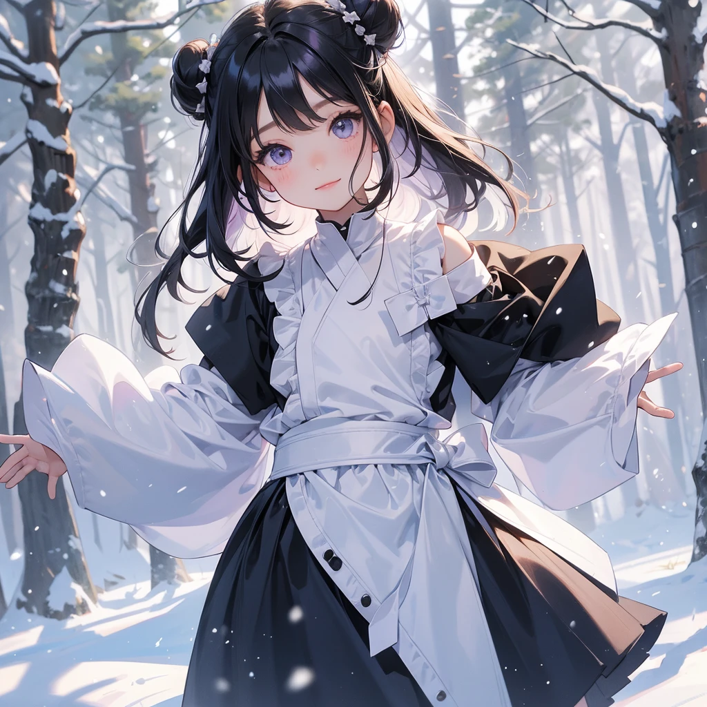 A chibi child girl had a small face and wearing a violet little tourist priest’s outfit, a pair of big round eyes shone with curiosity about him. This child was so cute, her hair is black with buns on her hair. Small chibi , chibi baby, smiling , chibi.
Walking in a forest covered in white snowstorms. A very strong blizzard The trees were completely covered with white snow.