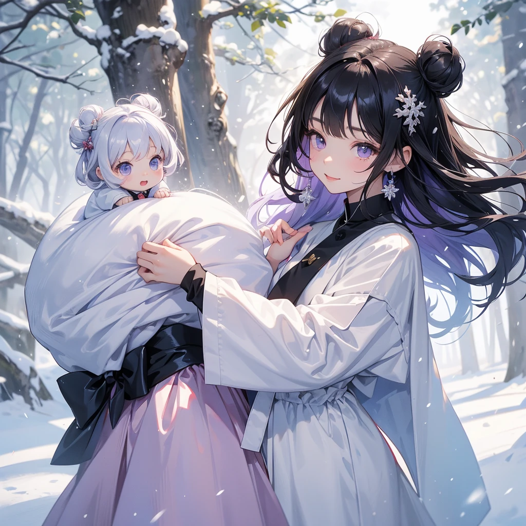 A chibi child girl had a small face and wearing a violet little tourist priest’s outfit, a pair of big round eyes shone with curiosity about him. This child was so cute, her hair is black with buns on her hair. Small chibi , chibi baby, smiling , chibi.
Walking in a forest covered in white snowstorms. A very strong blizzard The trees were completely covered with white snow.