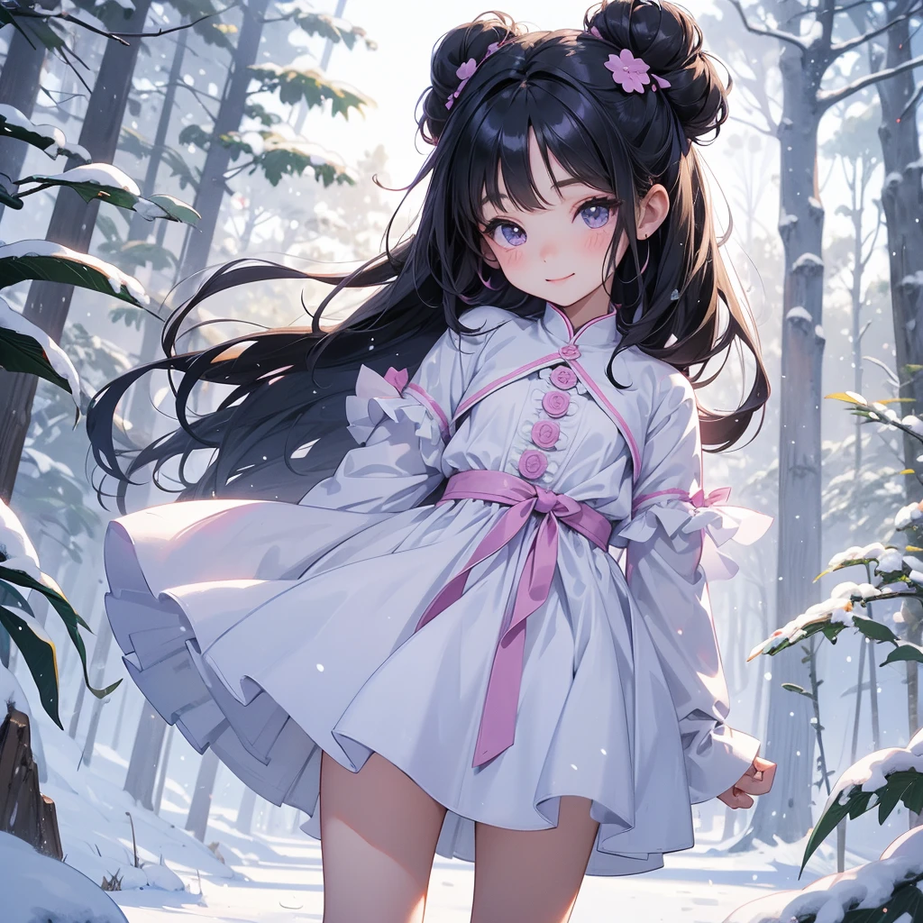 A chibi child girl had a small face and wearing a violet little tourist priest’s outfit, a pair of big round eyes shone with curiosity about him. This child was so cute, her hair is black with buns on her hair. Small chibi , chibi baby, smiling , chibi.

Walking in a forest covered in white snowstorms. A very strong blizzard The trees were completely covered with white snow.
