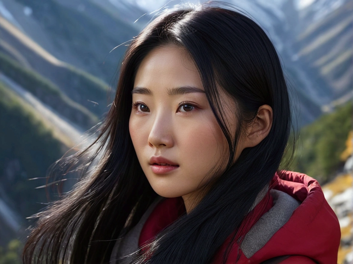 Realistic, Captured in Superb Detail, Masterpiece 16K UHD Highest Quality, Superb Detail, Depth of Field, Half Body Asian Woman, Korean Long Black Hair, Travel to the European Alps with Challenges, Adventures, Excitement, Fun and Deeply Impressed with the Natural Scenery.