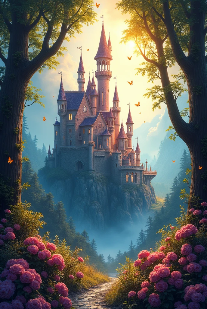 enchanted fairytale castle, fantasy kindle in the woods, colors of the rainbow