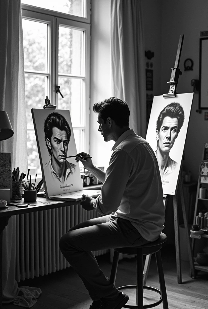 Un peintre peint Alain Delon jeune en noir et blanc. Croquis. ECRIRE : " ENTRE-DEUX-GUIERS"