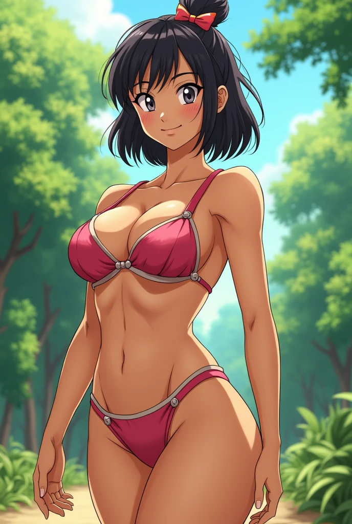 showing her whole body and legs, C18 from Dragon Ball TV-Series, perfect hourglass bodyshape, full detailed beautiful soft face, detailed eyes, detailed feet and legs, detailed mouth, sexy Make-Up, perfect sunny lighting, detailed background, sun tan