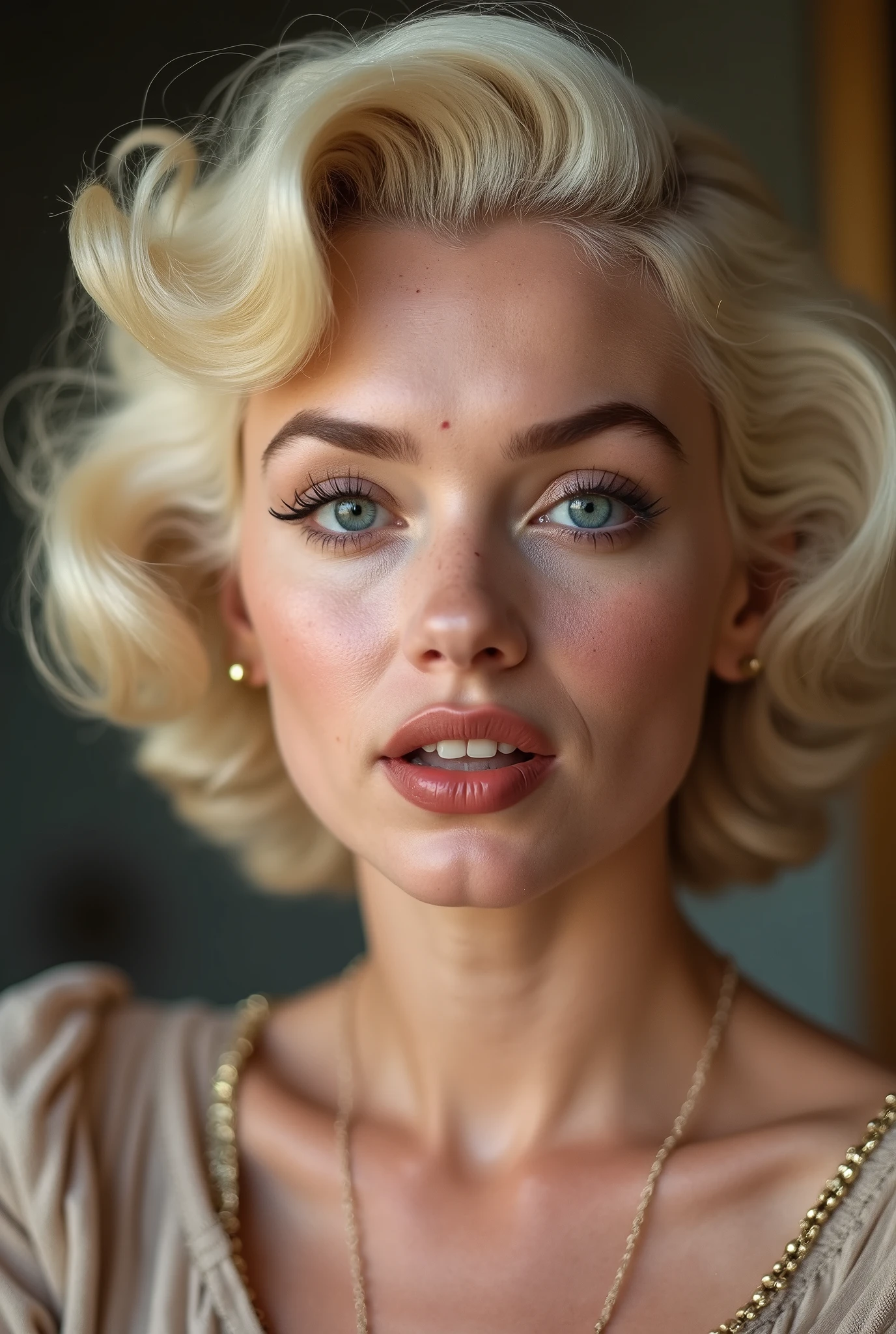 Marilyn Monroe is a woman with blonde hair blue eyes and mole on cheek