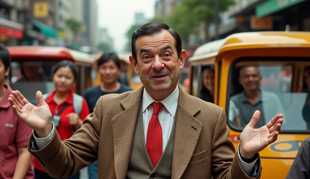 Mr. Bean, with his classic brown tweed jacket and red tie, stands awkwardly beside a group of friendly Thai locals in a bustling street of Bangkok. The backdrop features iconic Bangkok scenery like colorful tuk-tuks, street food stalls, and busy traffic. Mr. Bean strikes a funny, exaggerated pose, holding a camera with a confused look on his face, while the Thai people around him smile warmly. The scene is lighthearted and comedic, capturing the vibrant energy of the city and Mr. Bean's quirky, humorous presence. The setting evokes the playful, slapstick style of a 2007 comedy film, with bright, vivid colors and an atmosphere full of laughter and fun.