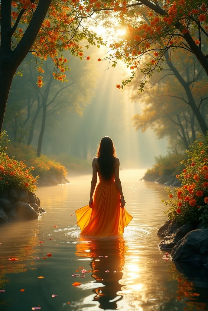 Create a serene and enchanting scene of a river flowing gently through the heart of a lush jungle at dawn. The early morning sky is adorned with twinkling stars, and the trees on both banks are in full bloom, with vibrant flowers spilling over the river's edges. Delicate petals float on the water's surface, adding a touch of whimsy and beauty. In the center of the river, a goddess bathes in the tranquil waters, wearing a flowing saffron costume that shimmers in the soft morning light. Her presence is peaceful and calming, as if she is one with nature. Incorporate soft, golden lighting, and subtle mist rising from the river to evoke a sense of mystique and wonder. The atmosphere should be tranquil, inviting, and deeply connected to the natural world.