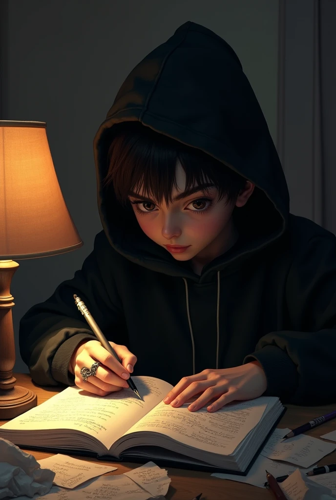 Short shoulder touching hair,dark brown eyes,pale skin,and with slander form,smaller lips,and round,tired eyes.
16 male,
my eyes focused on my notebook,my hands writings rapidly
I had a black hoodie covering my masculine,thin body,and long black pants,pale skin,and slander fingers with a snake shaped ring in the fore finger
Create a picture based on this