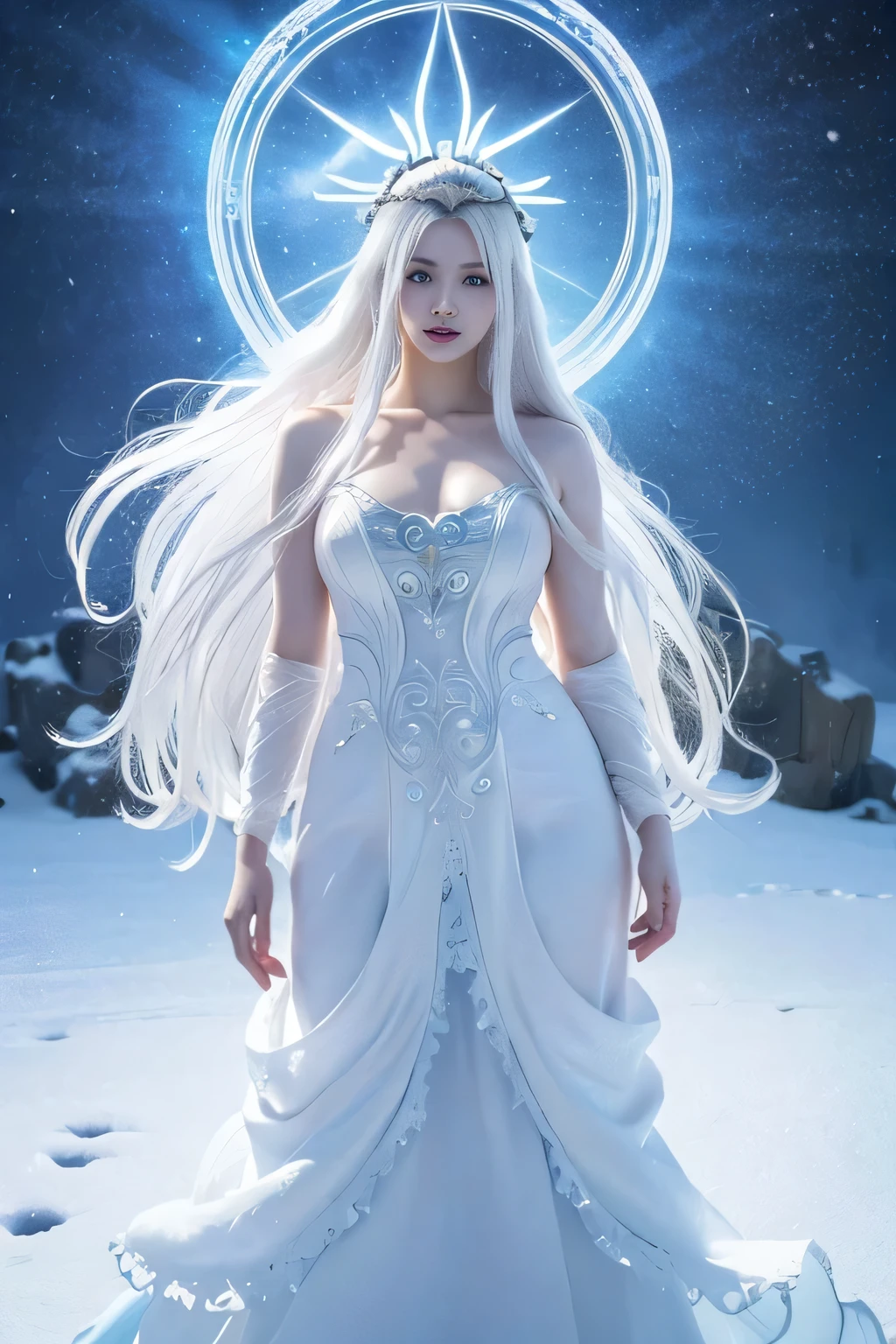 anime girl with long white hair and a blue dress in the snow, white haired deity, white hair floating in air, anime fantasy illustration, flowing white hair, beautiful young wind spirit, beautiful fantasy anime, glowing flowing hair, ethereal anime, beautiful anime artwork, beautiful digital artwork, anime fantasy artwork, ((a beautiful fantasy empress)), 2. 5 d cgi anime fantasy artwork