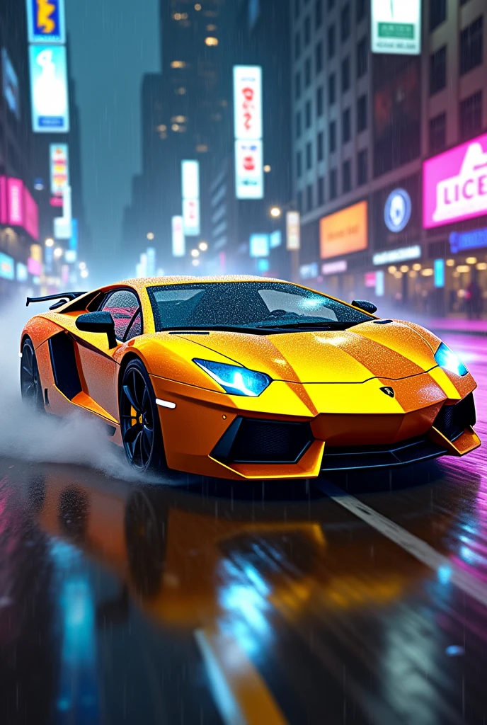 Lamborghini aventador sv color gold, drifting chase, action shot, high speed, night life, heavy rain, lens flare, intricate, elegant, highly detailed, realistic, concept art, matte, sharp focus, hearthstone