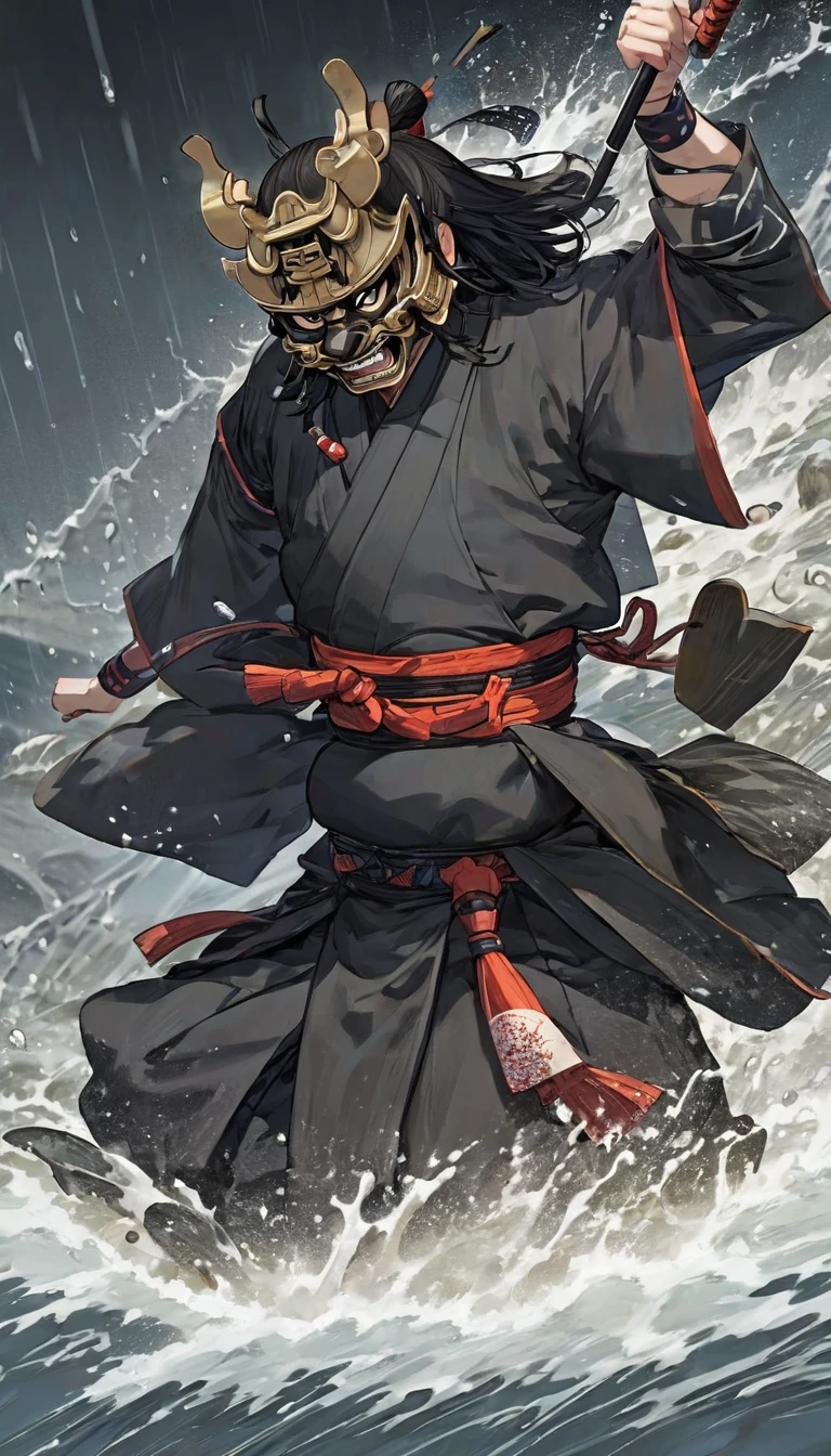 Floodwaters breaking through, the samurai’s face a mask of fury, his carefully laid plans falling apart, the sheer force of his anger almost palpable, the scene charged with raw emotion.