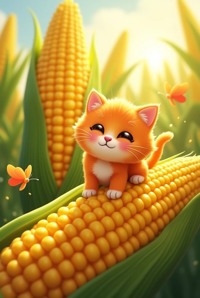 The image features a cat sitting on a corn cob with an image of a corn cob placed behind it.