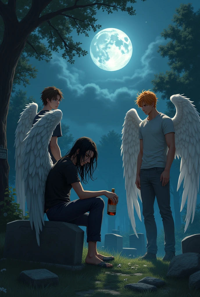 In the middle is a guy with long black hair, gray eyes, Beautiful face, Beautiful skinny body, black T-shirt, black trousers, sad, sits with a bottle of alcohol in a cemetery in front of a tombstone. On the right, there is a guy, blond, Beautiful, Pumped up body, in a gray shirt and white pants with large angel wings and brown eyes. On the left, there is a guy with orange hair, in a white T-shirt and dark gray pants, Blue eyes, Large angel wings. anime art, masterpiece, realistically, super detail, Hand detailing,