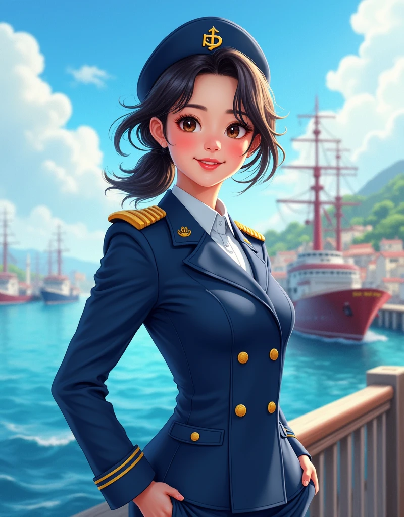 "Create an image of an 18-year-old Asian female wearing a Vietnamese naval uniform, with a cute and smiling face. The image should be full-body, slightly revealing, youthful, and realistic."