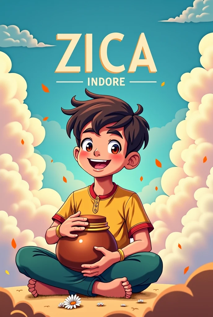 A adult boy haply holding a Makhan pot in his hand and sitting in the cloude anime style background text is ZICA INDORE big font