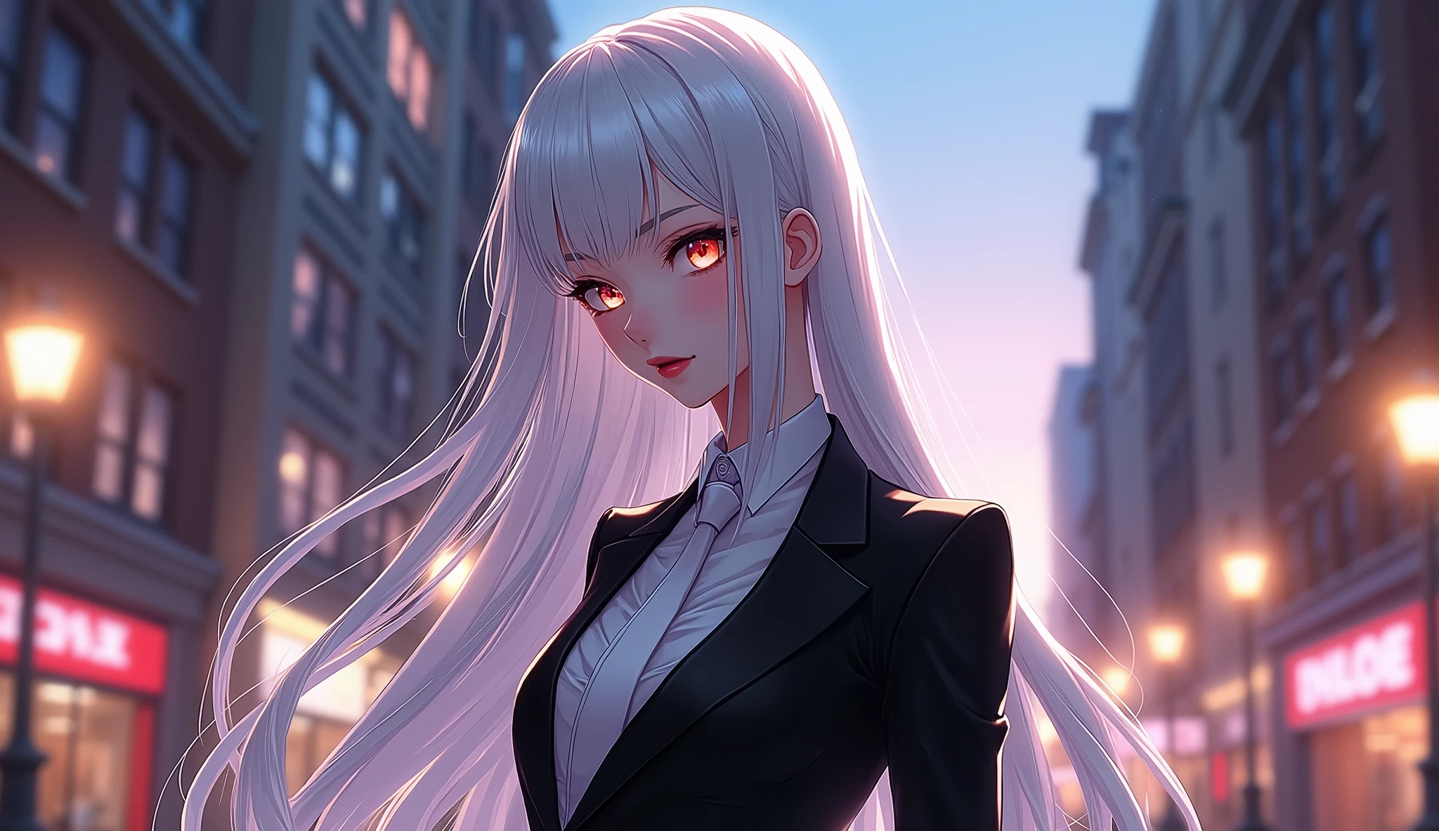 White hair girl anime, Albino eyes, Pale skin, Red lips in a black suit,wearing white tie, Thin face, More or less breasts