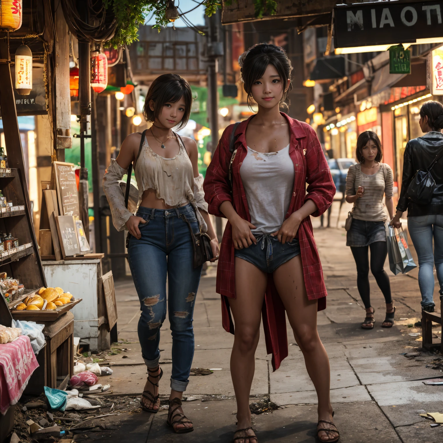 ((masterpiece、Highest quality))、Beautiful girls gather.、Three girls in summer clothes、(Detailed and cute face:1.3)、(Poor conditions、Dim and unsanitary、Standing Bar、みんなで楽しくdiet、Crumbling underground shopping mall、Showa Retro)、(tits:0.6、Pussy:0.6)、屋台のdiet店、stage、sewage、Dirty shop、street vendors、Unsanitary and abandoned city、smile、diet、Poor person々