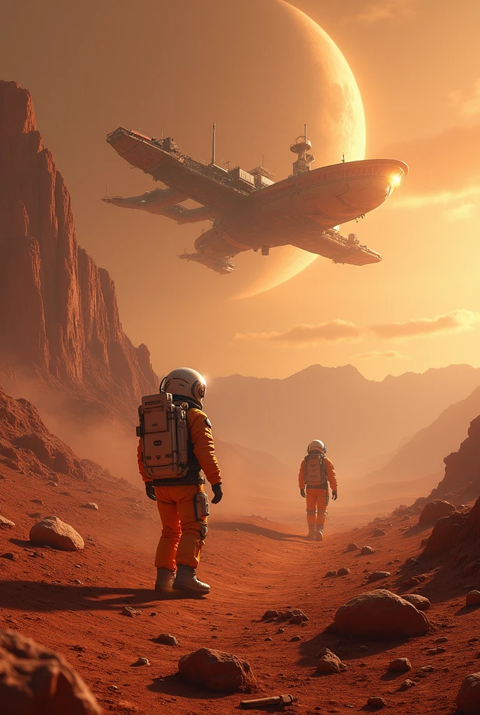 Human settlement on Mars, orbiting space station, desolate wilderness, life in spacesuits, near-future science, best picture quality