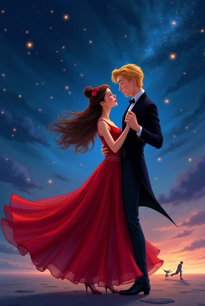 Generate am anime art of marientte dupain cheng and blond Adrien agreste dancing under the intense starry sky with several stars. Marinette is long red gown and Adrien is wearing black suit


