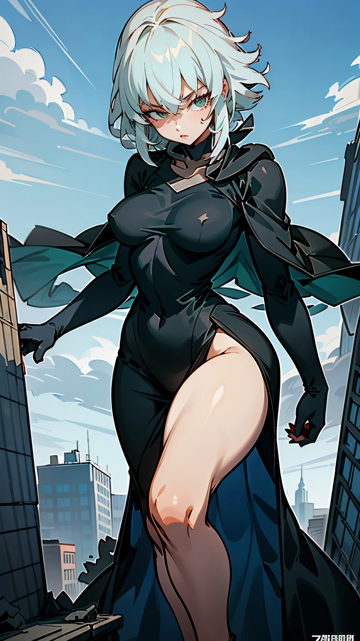 "Giantess ((Fubuki from One Punch Man)) elegant and powerful (masterpiece best quality) confident expression (real picture intricate details) (1 lady solo slender yet voluptuous body) short black hair intense green eyes (flowing cape and tight dress highlighting her curves) standing amidst a ruined city, tiny heroes at her feet crushed and defeated (dominance and beauty) (one hand casually lifting a tiny hero, ready to crush him) Background: City Z in ruins, sun setting with dark clouds overhead."

