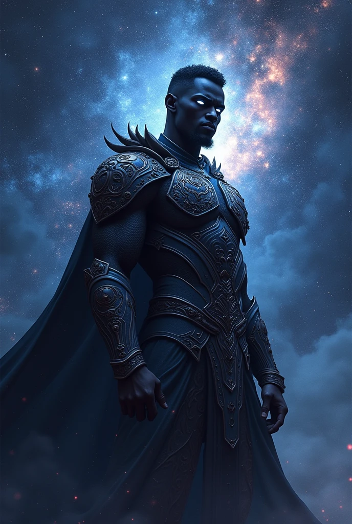 A whole black man and a great warrior like in anime and only eyes are white the man body is black as darknese and he is boundless celestial cosmic being