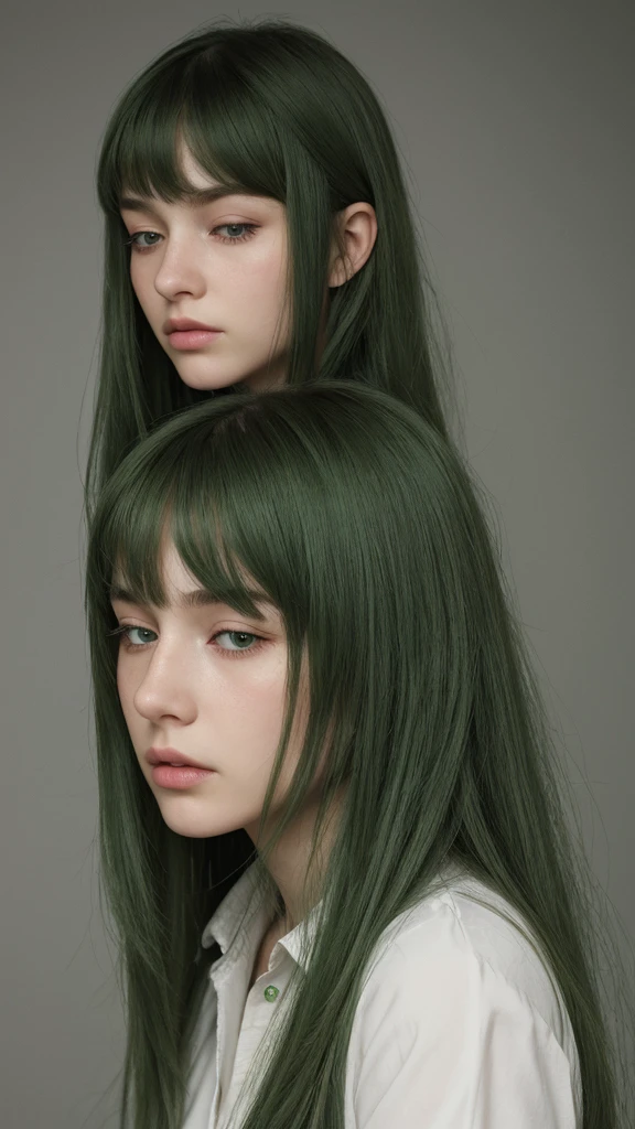 a girl. European. Extremely detailed face. Oval face. Delicate facial features. Half-closed eyes. Long straight hair. Messy hair. bangs. Green hair. Green eyes. very angry. sad. Shy