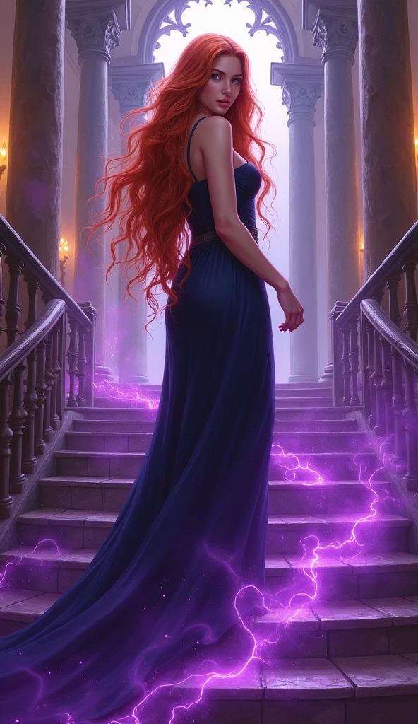 High-quality realistic acrylic art, vivid colors, Full body portrait of one extremely beautiful ginger young woman, perfection, tall, huge breasts, powerful, determined, confident, powerful sorceress walking down stairs, charismatic badass, omnipotent, very sensual, very sexy, rich magical academy hall, masterpiece, dynamic intense lighting, epic shot, highly detailed, eloquent shot, large shot, surrounded by purple magical intense energy
