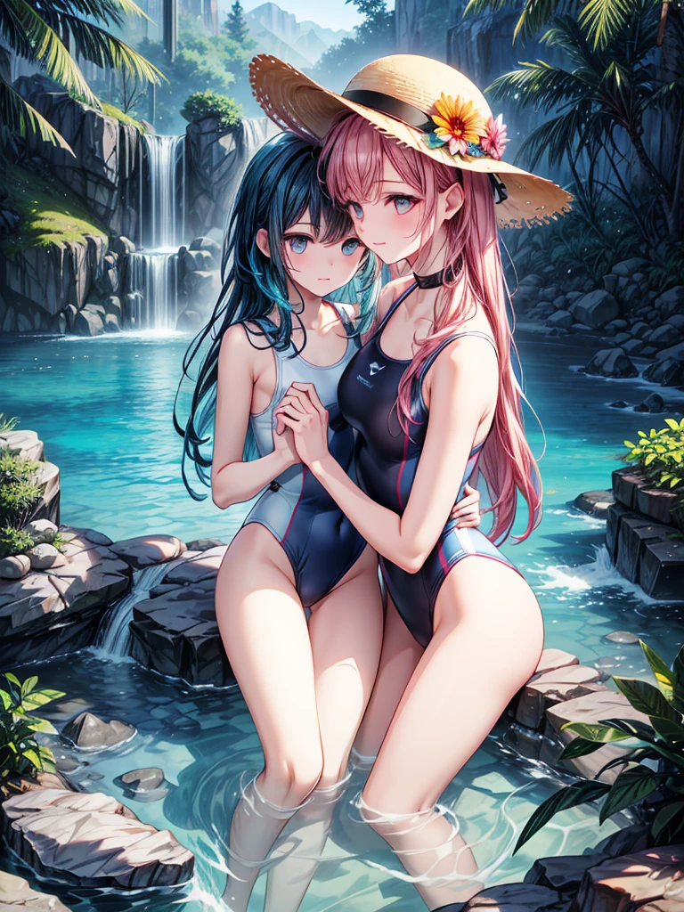 absurdres, highres, ultra detailed, {(solo girl:1.3) | (multiple girl:1.3) | (2girls, yuri:1.3), dynamic angle, creative composition, cute, (Crystal clear blue pools, cascading waterfalls, lush vegetation, swimming spots, hidden grottos, natural beauty,BREAK Swimsuit, water shoes, quick-dry clothes, sunscreen, sunglasses, hat,:1.1), BREAK, (Illustrate a scene using mosaic art techniques, with small, colorful pieces arranged in harmonious patterns and a sense of unity and 